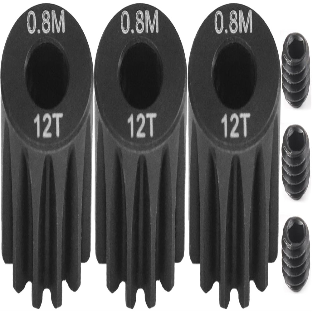 3-Pack Steel Metal 0.8M 5mm Pinion Motor Gear Sets 12T Compatible with HPI Kyosho Losi Axial Tamiya 1/8 1/10 RC Car Monster Truck Buggy, 0.8 Module Gear for Traxxsa Arrma