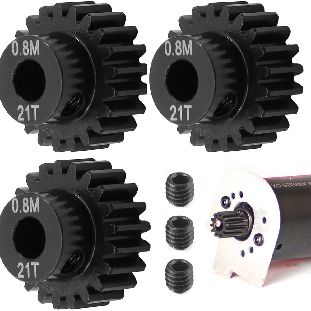 3-Pack Steel Metal 0.8M 5mm Pinion Motor Gear Sets 21T Compatible with HPI Kyosho Losi Axial Tamiya 1/8 1/10 RC Car Monster Truck Buggy, 0.8 Module Gear for Traxxsa Arrma