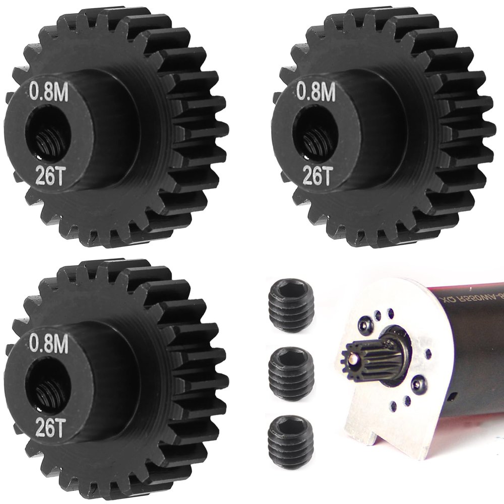 3-Pack Steel Metal 0.8M 5mm Pinion Motor Gear Sets 26T Compatible with HPI Kyosho Losi Axial Tamiya 1/8 1/10 RC Car Monster Truck Buggy, 0.8 Module Gear for Traxxsa Arrma