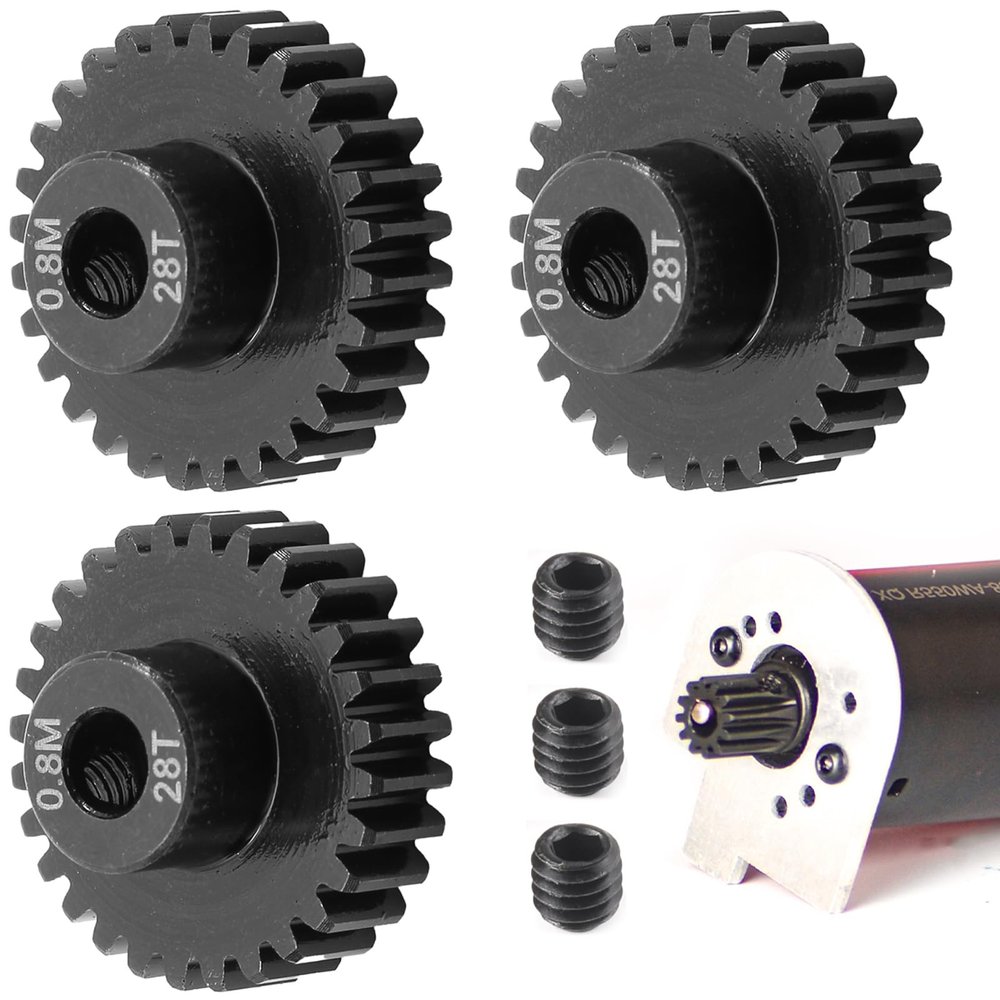 3-Pack Steel Metal 0.8M 5mm Pinion Motor Gear Sets 28T Compatible with HPI Kyosho Losi Axial Tamiya 1/8 1/10 RC Car Monster Truck Buggy, 0.8 Module Gear for Traxxsa Arrma