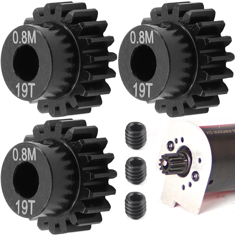 3-Pack Steel Metal 0.8M 5mm Pinion Motor Gear Sets 19T Compatible with HPI Kyosho Losi Axial Tamiya 1/8 1/10 RC Car Monster Truck Buggy, 0.8 Module Gear for Traxxsa Arrma