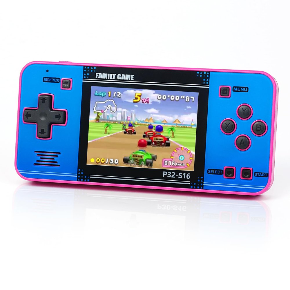 Handheld Game for Kids Built-in 220 32-bit Video Games, 3.0 IPS Screen, Rechargeable Portable Game , Travel Mini Arcade Electronic Toys Gift for Boys and Girls (Pink+Blue)