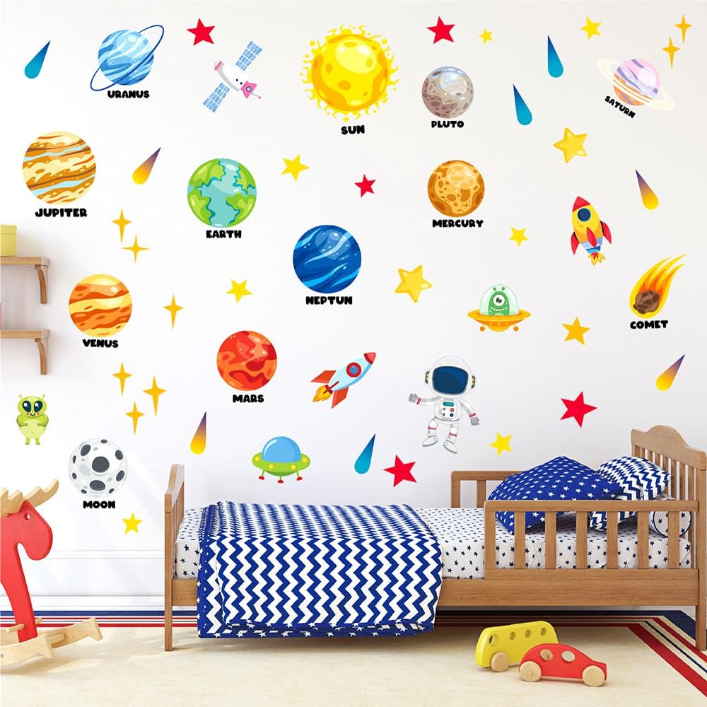 116 PCS Space Wall Decals for Kids Room  Solar System Planet Wall Stickers with Astronaut, Rocket & Stars  Waterproof RemovablVinyl Peel & Stick Decor for Boys Girls Bedroom Nursery Playroom