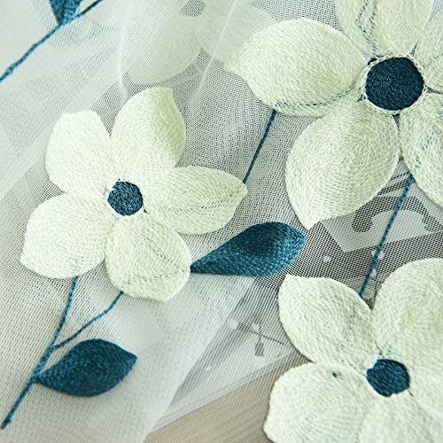 HooHero Blue Natural Fresh Elegant Floral Embroidered Living Kids Baby Room Elegant 50 Width Sheer Curtains Home Decor Voile Home Decoraion Drapes