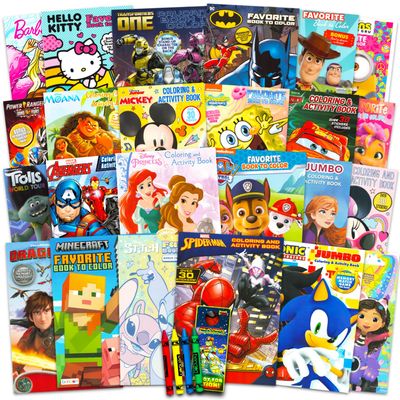 24 Bulk Coloring Books for Kids Ages 4-8 - Assorted 24 Licensed Full-Size Coloring Activity Books for Boys, Girls | Bundle with Activity Pages, Crayons, Stickers, Games, Puzzles, More (No Duplicates)