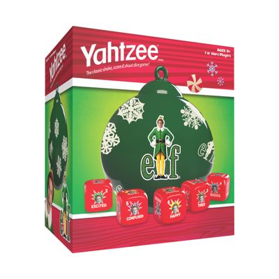 YAHTZEE: Elf Edition, Exclusive Holiday Ornament Cup Featuring Buddy, Roll the dice & Spread the Christmas Spirit, Classic Dice Game for Fans, Adults & Families, Official Elf Merchandise & Collectible