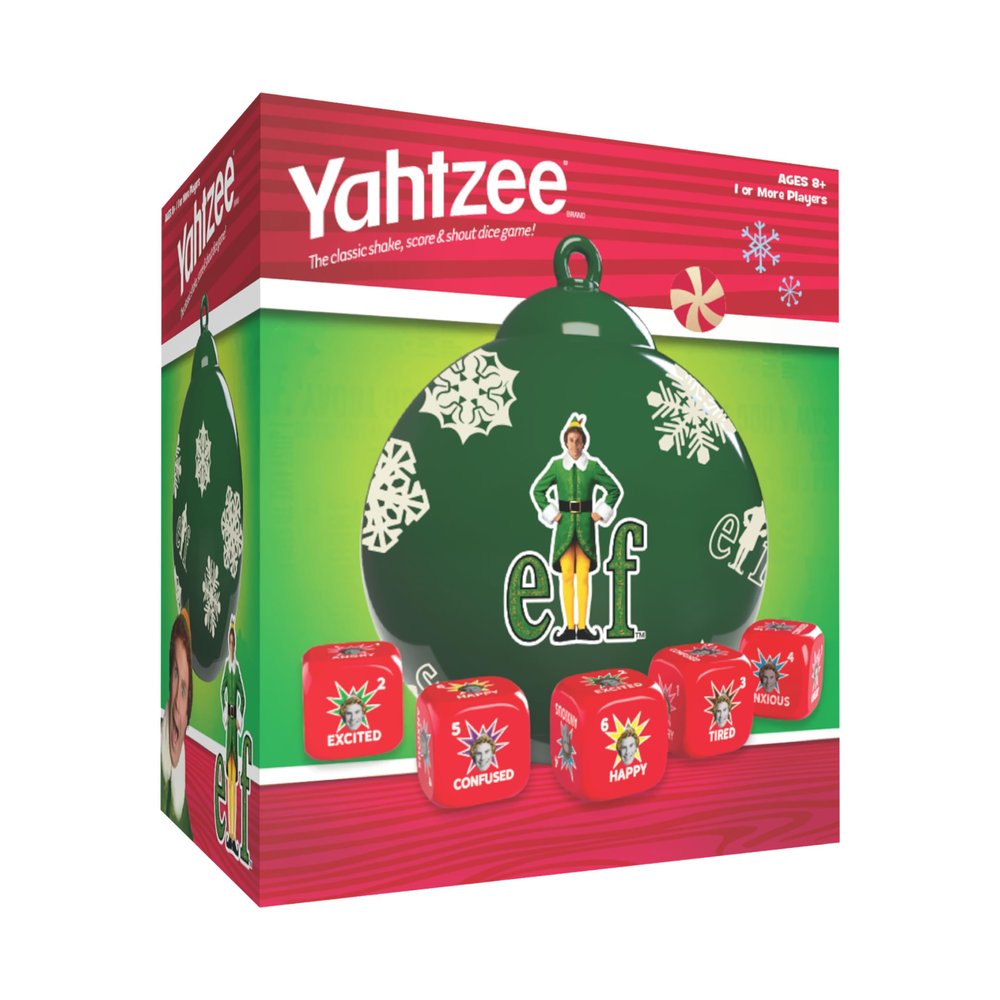 YAHTZEE: Elf Edition, Exclusive Holiday Ornament Cup Featuring Buddy, Roll the dice & Spread the Christmas Spirit, Classic Dice Game for Fans, Adults & Families, Official Elf Merchandise & Collectible