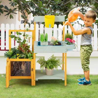 GLACER Kids Potting Bench, Fir Wood Outdoor Play Kitchen with Planter Box, Transparent Root Viewer Window, Garden Trellis, Detachable Sink & Faucet, Mud Table for Kids Outdoor for Boys Girls Ages 3+