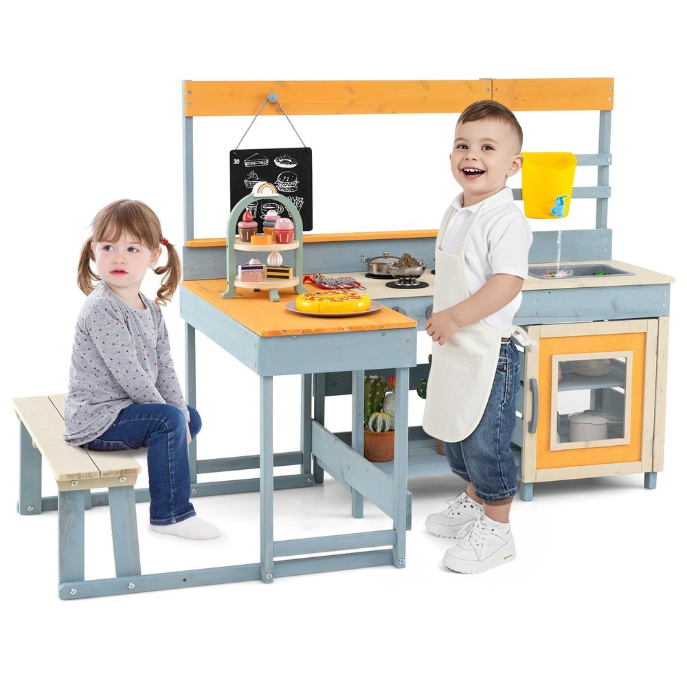 GLACER 2-in-1 Mud Kitchen, Fir Wood Kids Play Kitchen with Bench, Tea Party Set Toy, Blackboard, Cooking Accessories, Outdoor Kitchen Playset for Girls & Boys 3+