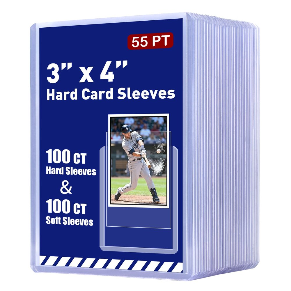 200ct 55pt 3" x 4" Hard Plastic Card Protector - 100ct Hard Card Sleeves and 100ct Soft Card Sleeves for Trading Cards, Clear Open-Top Card Holder, Fits Standard Trading, Baseball, Sport, Game Cards