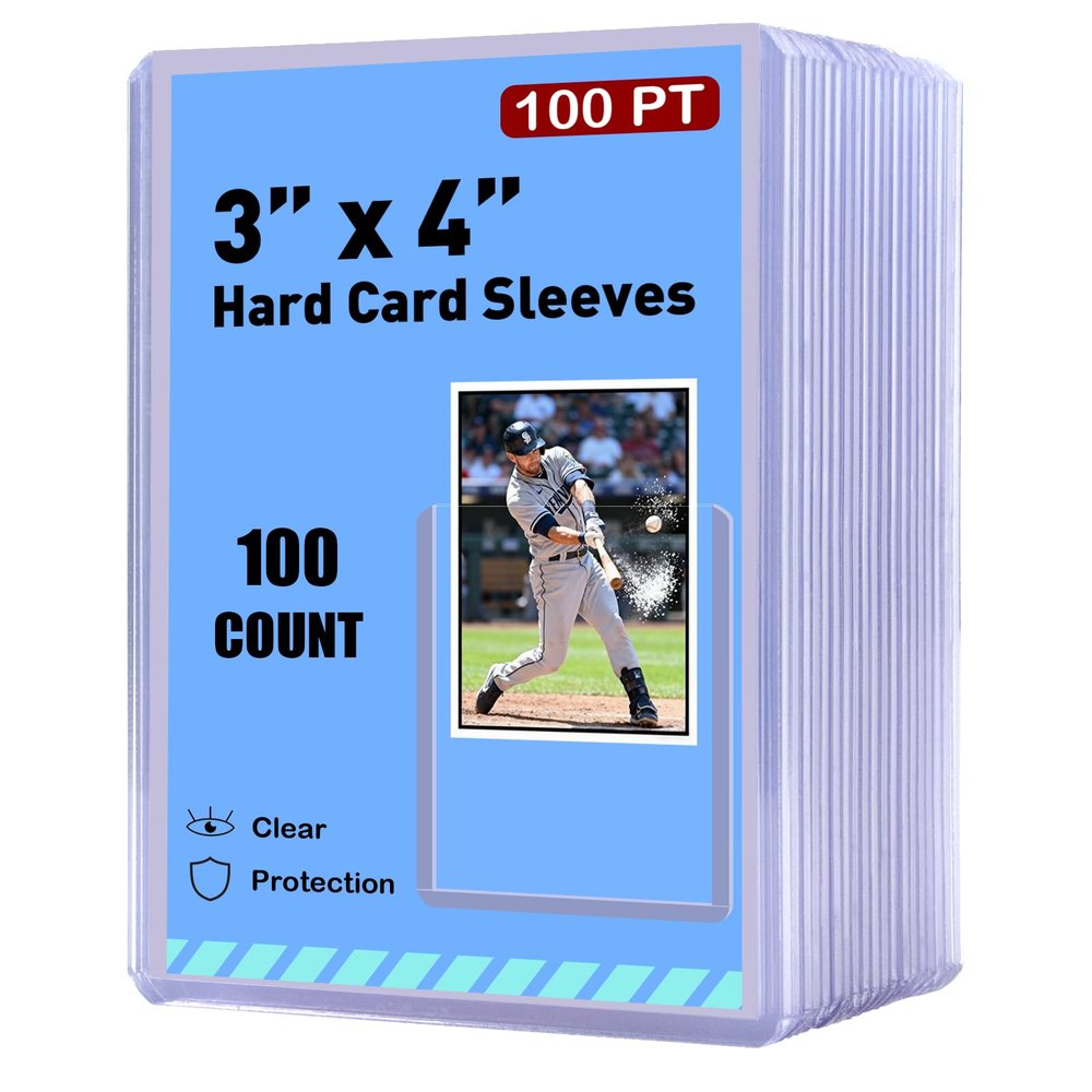 100ct 3"x4" Hard Card Sleeves - 100pt Hard Plastic Trading Card Protector, Rigid Card Sleeve, Clear Open-Top Card Sleeve Fits Thick Cards Such as Baseball, Soccer, Basketball, Hockey, Game Cards
