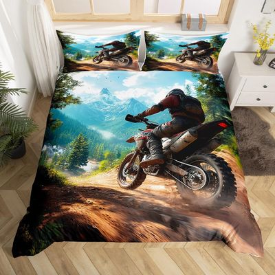 jejeloiu Kids Dirt Bike Bedding Set Extreme Sports Duvet Cover Toddler Size for Boys Racing Motocross Rider Comforter Cover Set Motorcycle Green Blue with 1 Pillow Case,No Comforter