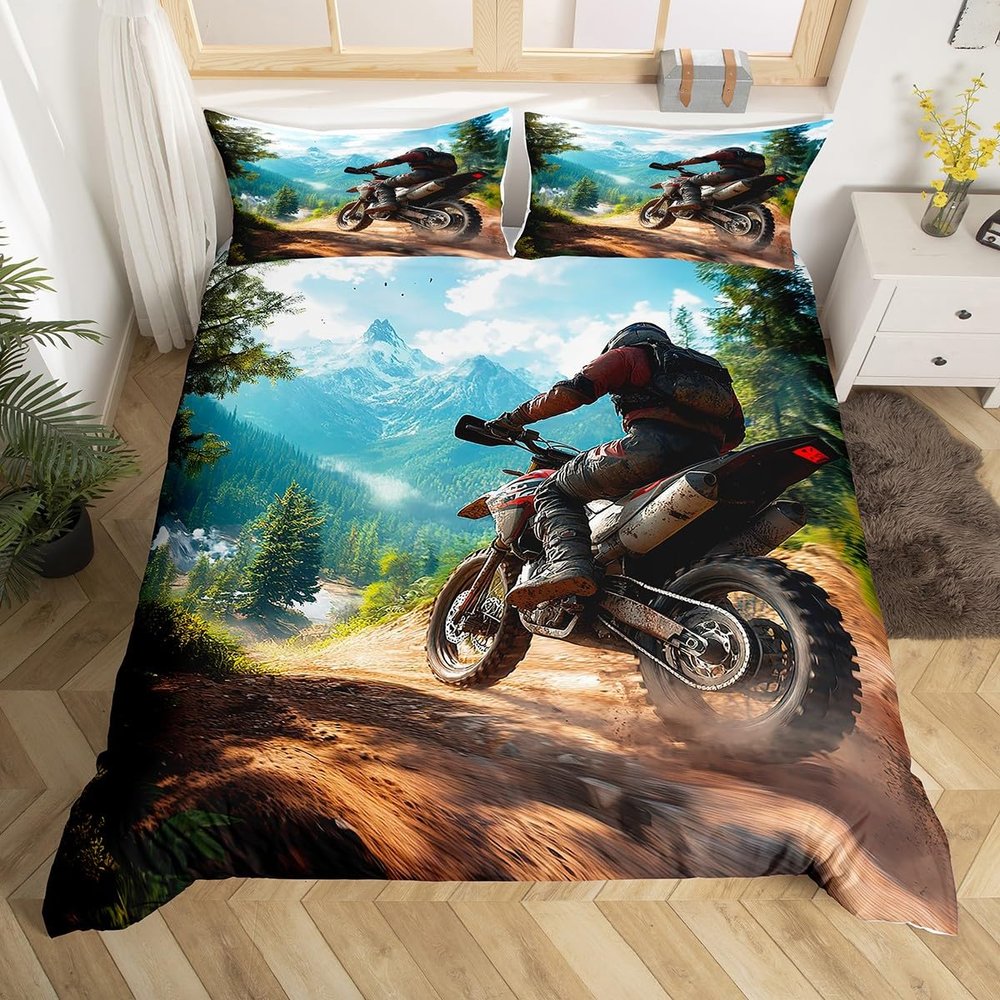 jejeloiu Kids Dirt Bike Bedding Set Extreme Sports Duvet Cover Toddler Size for Boys Racing Motocross Rider Comforter Cover Set Motorcycle Green Blue with 1 Pillow Case,No Comforter