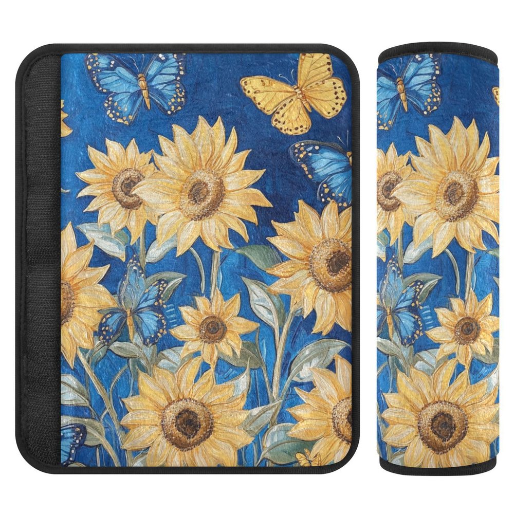 2 Pack Seatbelt Covers Seat Belt Cover Pad for Adults Boys Girls Car Seat Strap Covers Pads Cushion Universal Shoulder Strap Pad Protector for Backpack 10x7.7Inch Blue Sunflowers and Butterfly