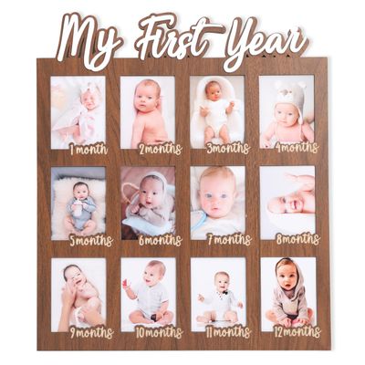 MADENG My First Year Photo Frame - 12 Months Photos Decoration, Newborn's First Twelve Months Photo Collage, One Year Birthday Monthly Milestone, 1st Nursery Photo Collage Display Board
