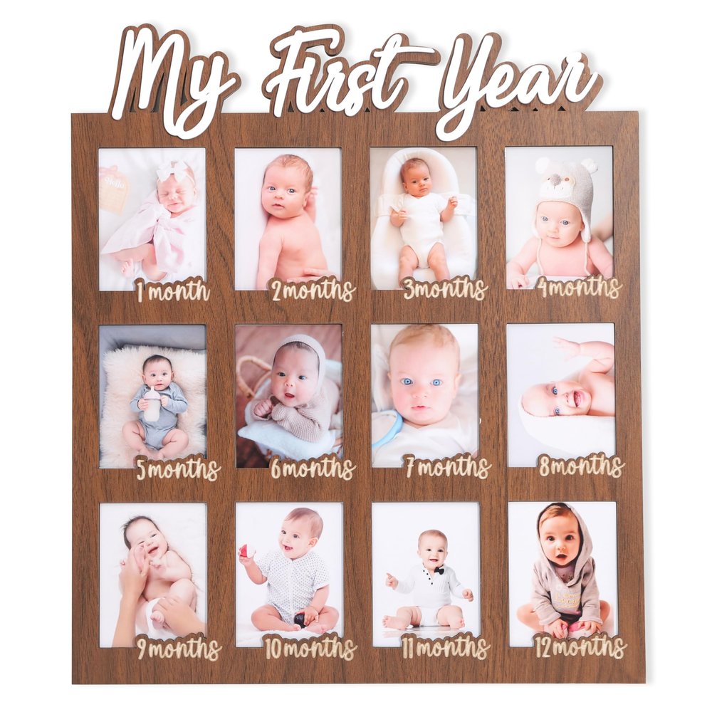 MADENG My First Year Photo Frame - 12 Months Photos Decoration, Newborn's First Twelve Months Photo Collage, One Year Birthday Monthly Milestone, 1st Nursery Photo Collage Display Board
