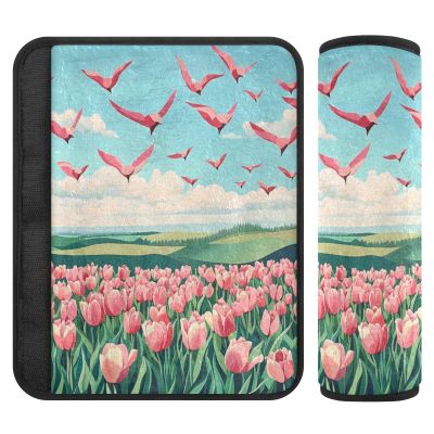 2 Pack Seatbelt Covers Seat Belt Cover Pad for Adults Boys Girls Car Seat Strap Covers Pads Cushion Universal Shoulder Strap Pad Protector for Backpack 6.5Inch Spring Cute Tulips Herringbone Birds