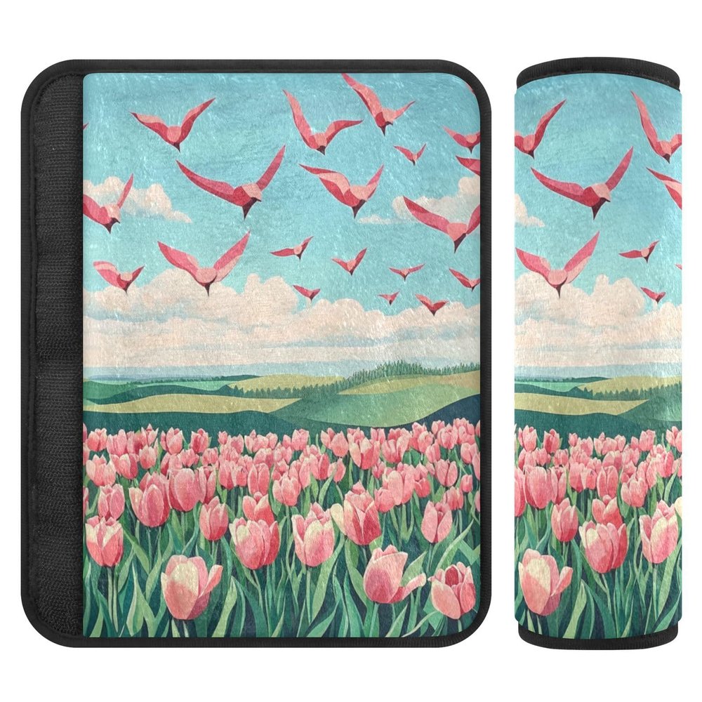 2 Pack Seatbelt Covers Seat Belt Cover Pad for Adults Boys Girls Car Seat Strap Covers Pads Cushion Universal Shoulder Strap Pad Protector for Backpack 6.5Inch Spring Cute Tulips Herringbone Birds