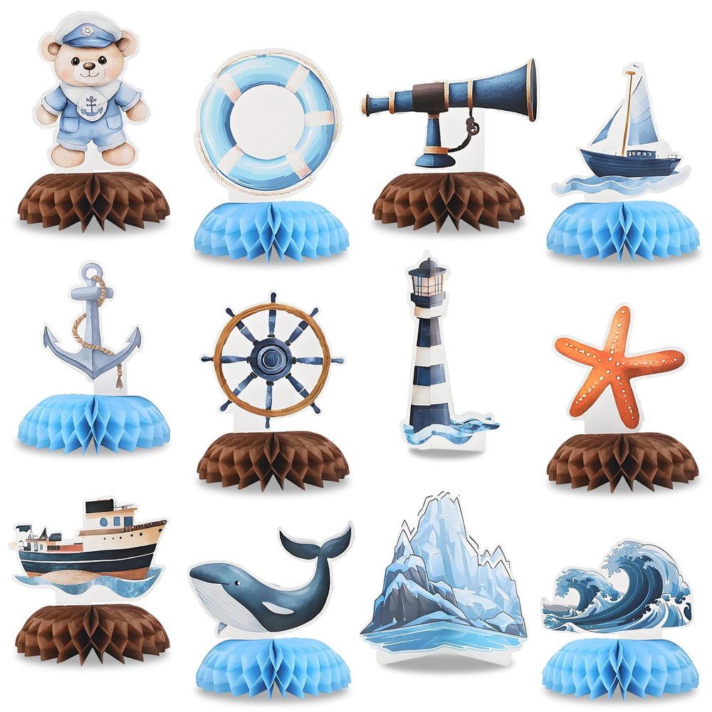 12Pcs Nautical Party Supplies Cruise Ship Birthday Honeycomb Centerpieces for Ocean Party Decorations Ship Theme Table Honeycomb for Ocean Cruise Liner Nautical Theme Birthday Baby Shower Party Favors