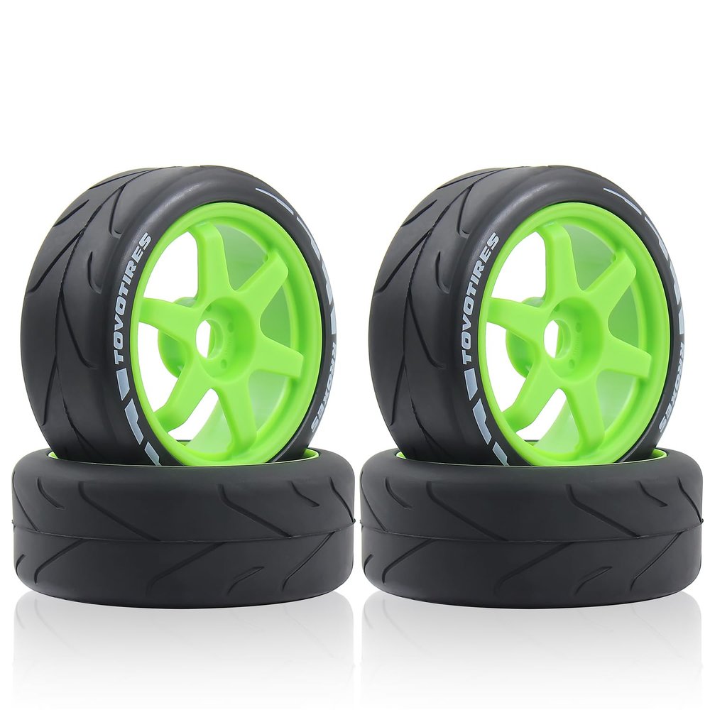 102mm 1/8 RC On-Road tire and Hard nylon Plastic wheels Ultra abrasion resistant set17mm Hex For 1/7 1/8 HPI VRX WR8 HSP Hobao Kyosho ARRMA Redcat Losi KM C3 CNE W10 (Green)