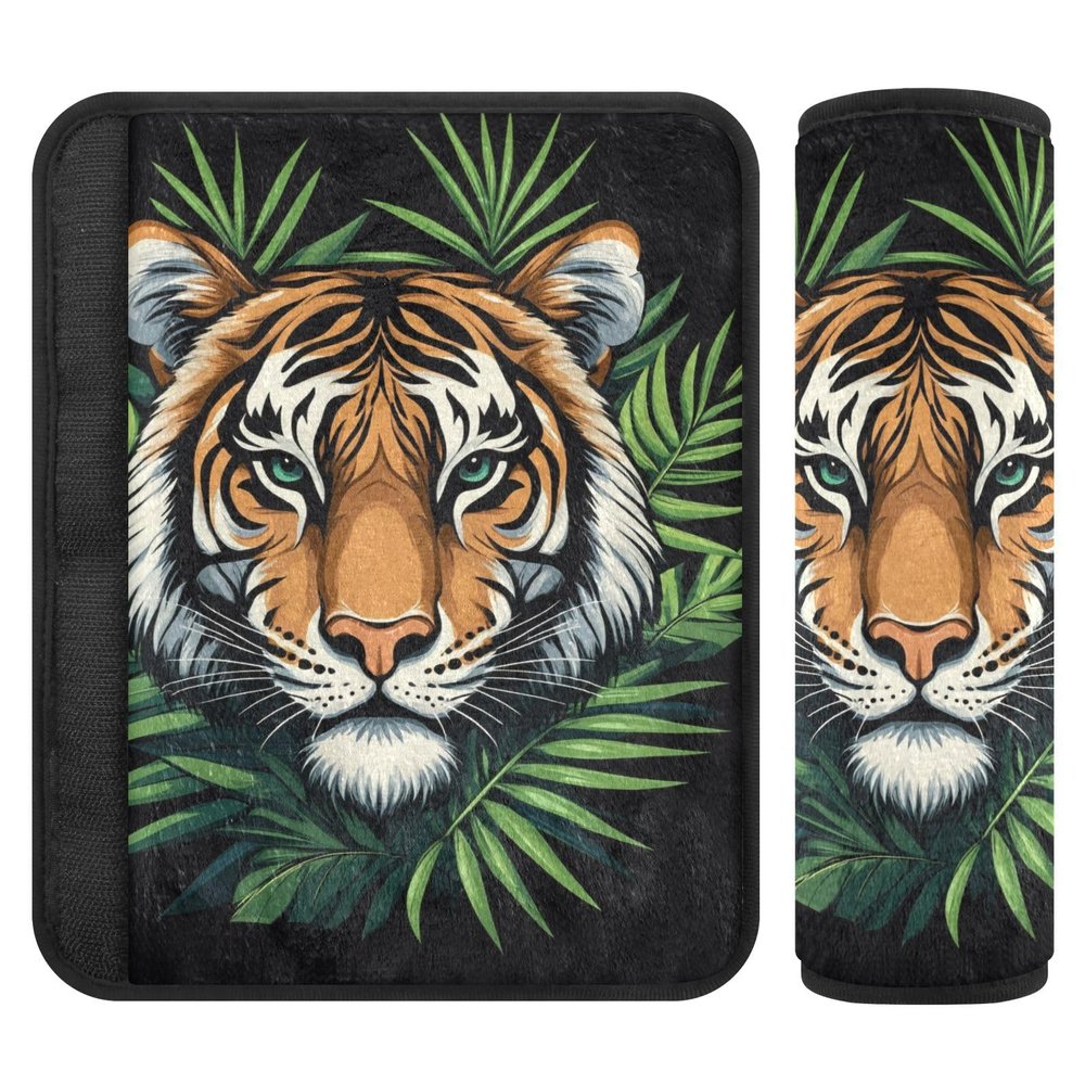 2 Pack Seatbelt Covers Seat Belt Cover Pad for Adults Boys Girls Car Seat Strap Covers Pads Cushion Universal Shoulder Strap Pad Protector for Backpack 10x7.7Inch Tiger Head Tropical Palm Leaves