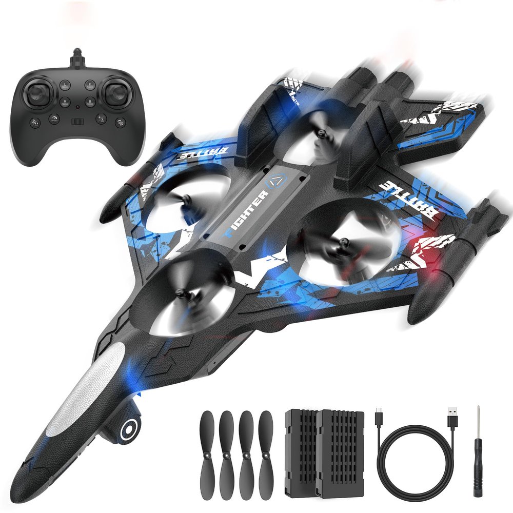 BEZGAR RC Plane | 2.4GHZ Remote Control Airplane, Mini Stunt Plane Helicopter, 360 Flip Fighter Jet Toy with Colorful LED Navigation Lights Blue, Toys for ages 8-13