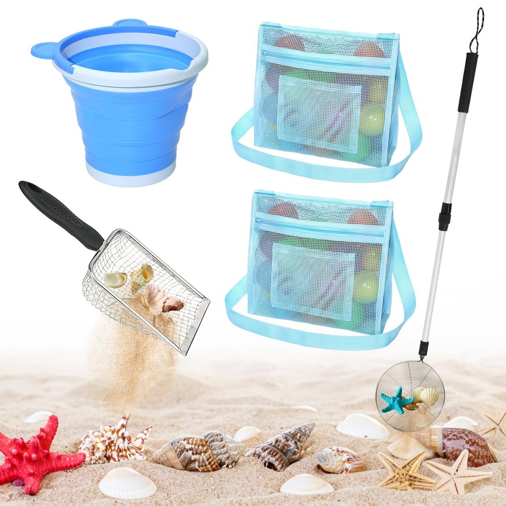 5 PCS Shelling Tools for Beach Include 2 PCS Seashell Bag, Mesh Sand Sifter Shovel, Foldable Beach Bucket & Shell Scooper with Extra Long Adjustable Handle, Adult Kids Summer Beach Toys