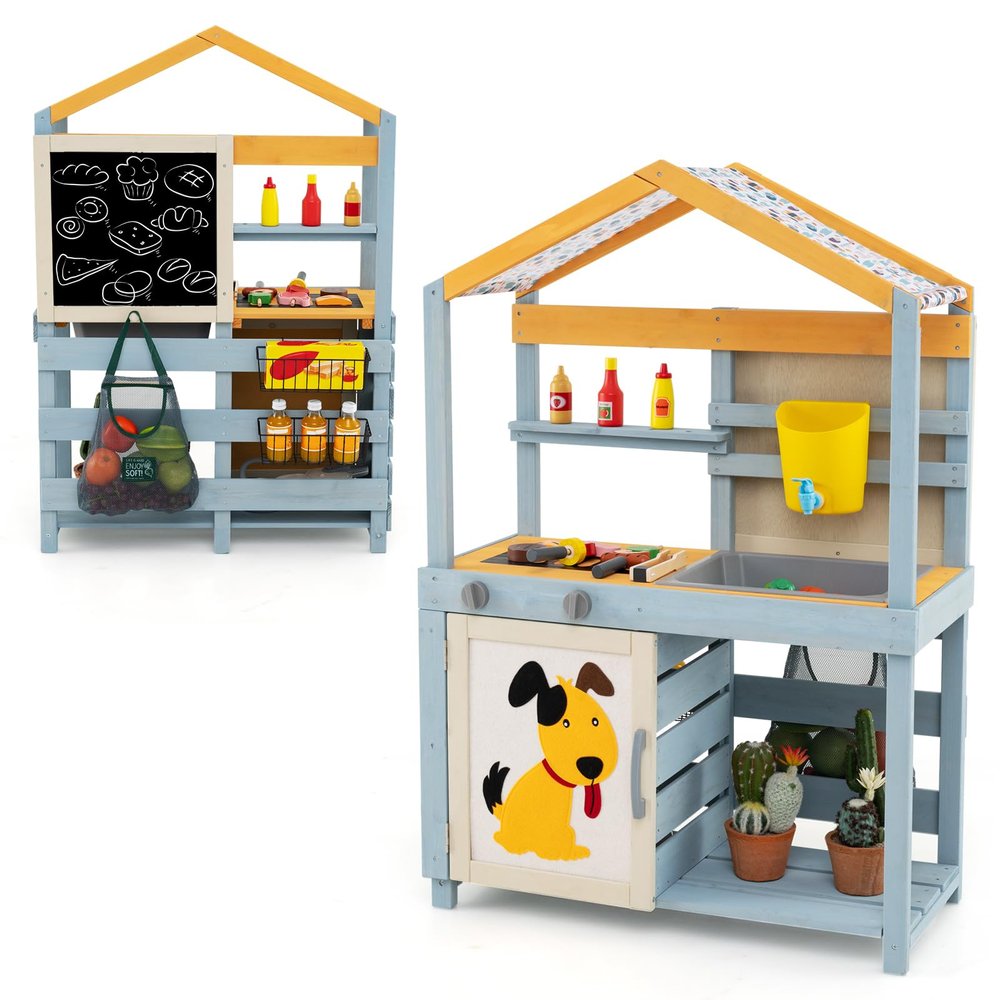 GLACER 2-in-1 Dual-Side Mud Kitchen, Fir Wood Play Kitchen & Grocery Playset w/Blackboard, Storage Bag, Cooking Accessories, Outdoor Kitchen Playset Gift for Kids 3+