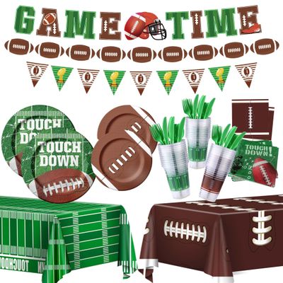 173PCS Football Party Supplies Kit for 24 Guests - Football Birthday Supplies with Paper Plate Napkin Big Cup Cutlery Banners Touchdown Tablecloth Tailgate Party Decorations(A)