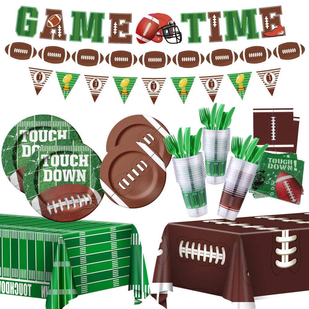 173PCS Football Party Supplies Kit for 24 Guests - Football Birthday Supplies with Paper Plate Napkin Big Cup Cutlery Banners Touchdown Tablecloth Tailgate Party Decorations(A)