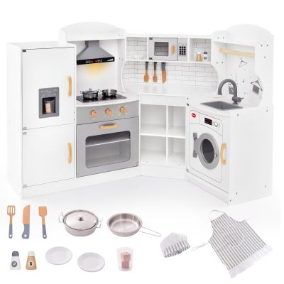 Fireflowery Kids Kitchen Playset, Wooden Toy with Ice Maker, Washing Machine, Microwave, Interactive Play with Lights and Sounds, Pretend Play Corner Kitchen for Girls and Boys