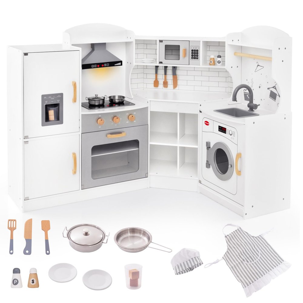 Fireflowery Kids Kitchen Playset, Wooden Toy with Ice Maker, Washing Machine, Microwave, Interactive Play with Lights and Sounds, Pretend Play Corner Kitchen for Girls and Boys