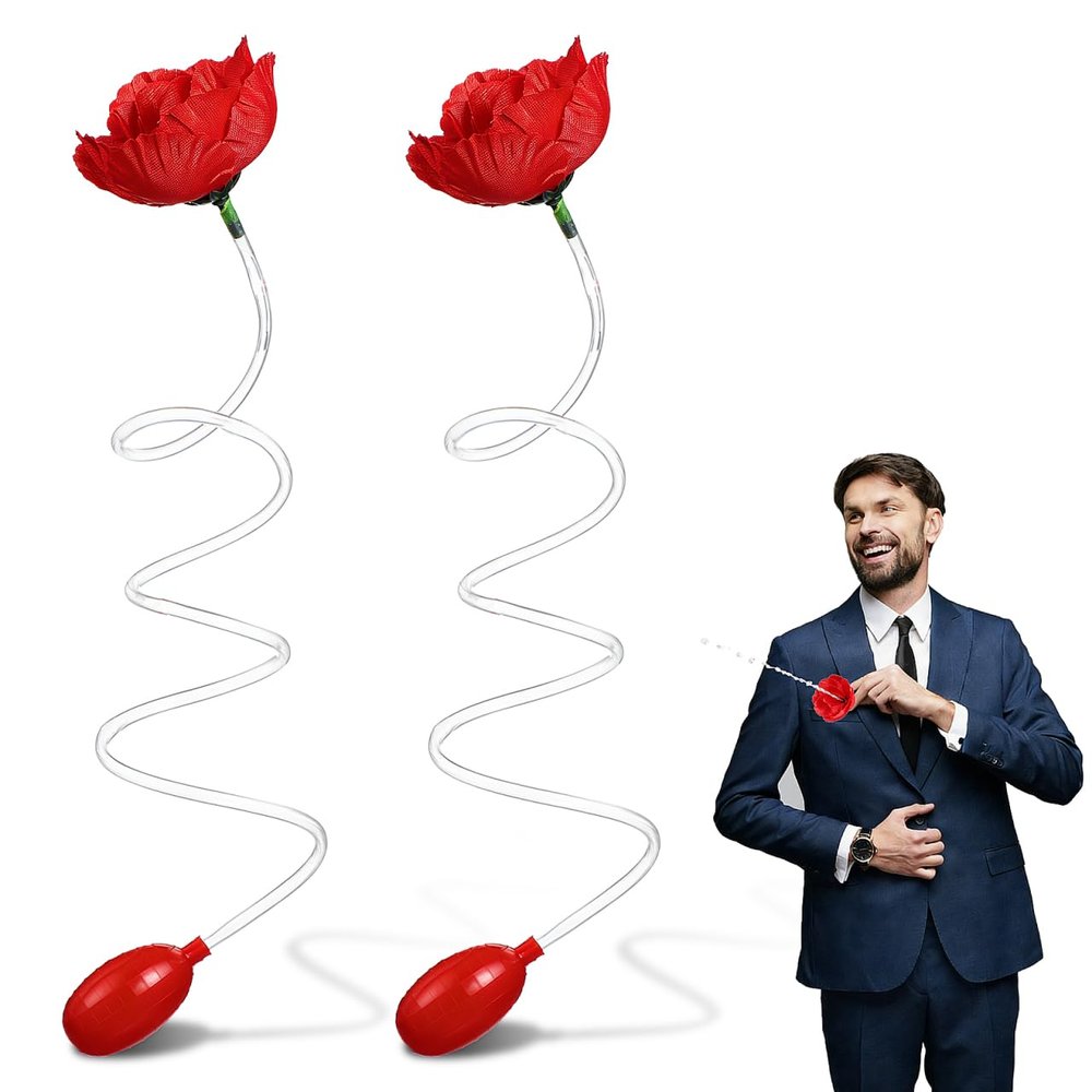 Abaodam 2 Pcs Squirting Rose Prank Toy, Fake Red Rose Water Spray Flower Corsage Pin for April Fools Day, Party Prank Props for Kids and Adults