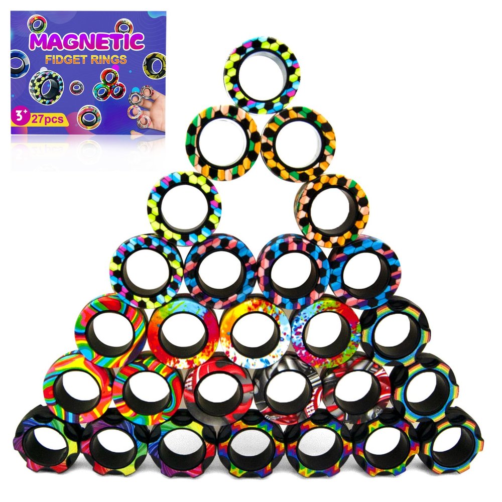 27 Pcs Magnetic Rings Fidget Toys Set Classroom Prizes for Kids Finger Magnet Rings ADHD Anxiety Fidget Spinner Rings for Relief Birthday Present for Adults Teens Kids