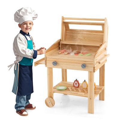 GLACER Kids Grill Play Set, Wooden Play Barbecue Toy Set w/Food, Grilling Tools & Seasoning Bottles, Indoor Kitchen Playset for Kids 3+ Years Old