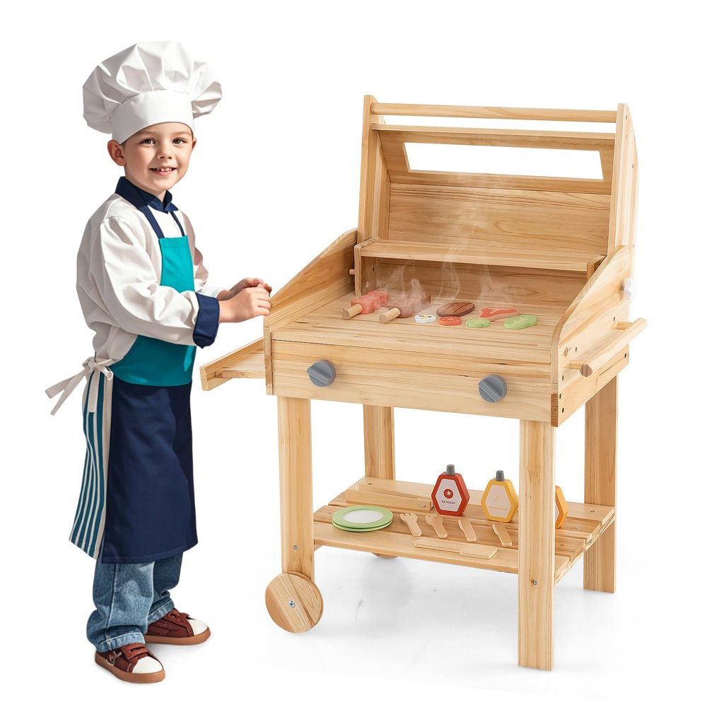 GLACER Kids Grill Play Set, Wooden Play Barbecue Toy Set w/Food, Grilling Tools & Seasoning Bottles, Indoor Kitchen Playset for Kids 3+ Years Old