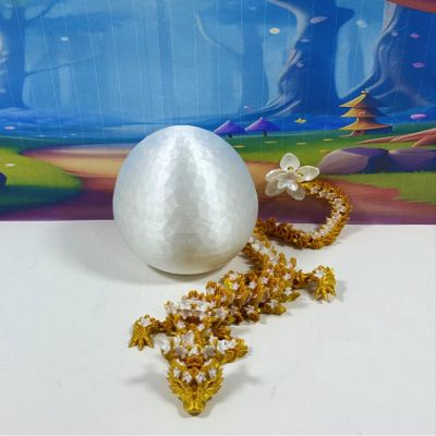 3D Printed Dragon with Dragon Egg, 12" Gold and White Cherry Blossom Articulated Dragon, Fidget ADHD Autism Toy Executive Desk Toy D032-WHE