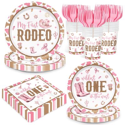 120pcs My First Rodeo Party Supplies Western Cowgirl Plates Napkins 1st Rodeo Tableware Set Paper Cups Pink Forks Western Birthday Party Decorations for Wild West Cowgirl Celebrations 24 Guests