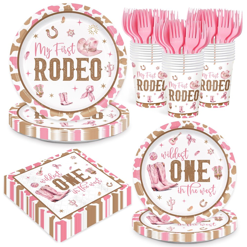 120pcs My First Rodeo Party Supplies Western Cowgirl Plates Napkins 1st Rodeo Tableware Set Paper Cups Pink Forks Western Birthday Party Decorations for Wild West Cowgirl Celebrations 24 Guests