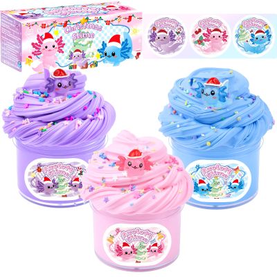 3 Pack Christmas Butter Slime Kit, Scented Axolotl Slime with Pink, Blue, Purple Axolotl Charms, Soft, Non-Sticky, Goodies Bag Toy for Christmas Party Favors