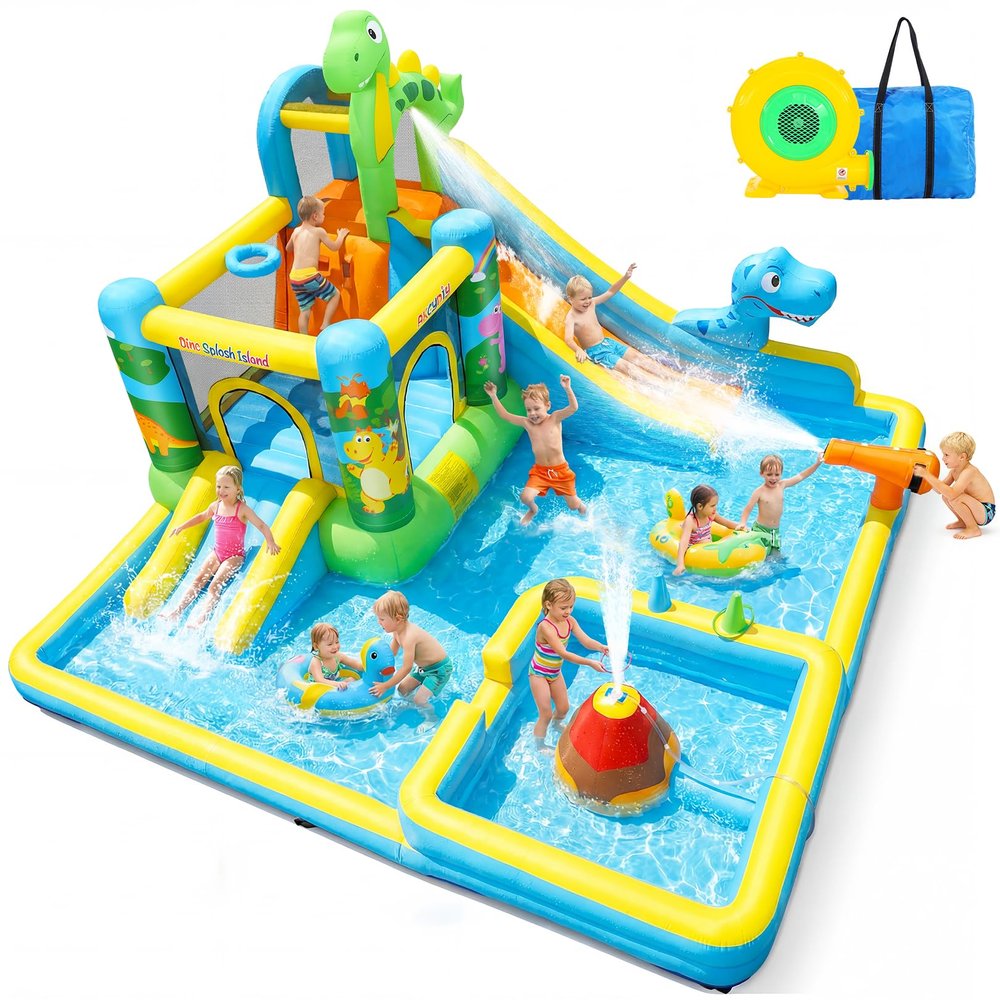 AKEYDIY Inflatable Water Slide Bounce House Combo, Large Bounce House for Kids 3-12, Long & Short Slides, Splash Pool, Boxing Pillar, 550W Blower, Dino Water Slides for Kids Backyard Outdoor