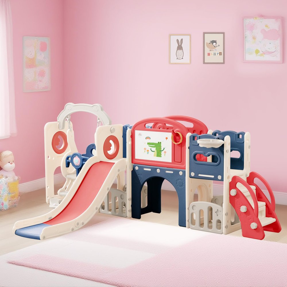 12 in 1 Outdoor Toddler Playsets with Slide Toddlers Playground and Swing Set Indoor Climber Tunnel Playset Play Equipment with Basketball Hoop for Backyard