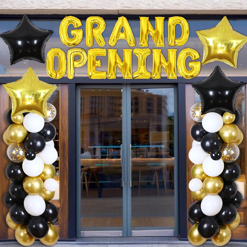 JOYMEMO Grand Opening Decorations Black and Gold - Balloon Arch Garland Kit with Grand Opening Banner, Star Balloons for New Business Store Shop Restaurant Celebration Party Supplies