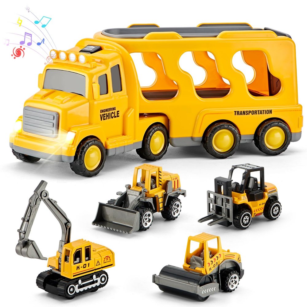 AMACAT-5-in-1 Construction Truck for 3-9 Year Old Boys and Girls - Friction Power Vehicle Car for Toddlers 3-10, Carrier for Kids 3-5 - Christmas and Birthday Gifts