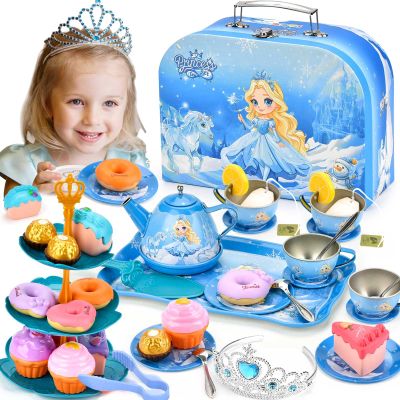 Amplov 43-Piece Princess Tea Set Playset for Kids Pretend Play Kitchen Toy with Teapot, Desserts & Carrying Case | Toddler Tea Party Toys, Imaginative Role Play, Birthday Gift for Girls Ages 3-8