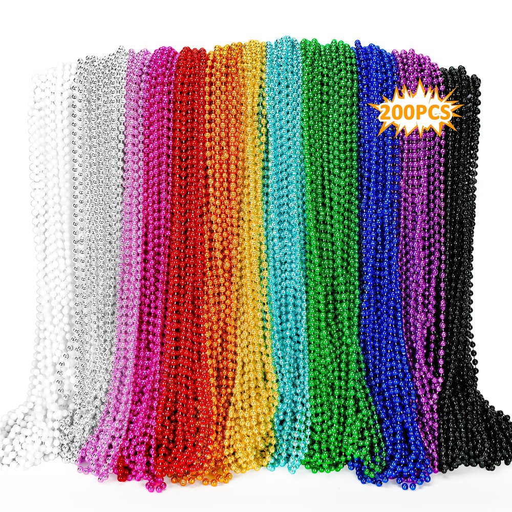 200PCS Mardi Gras Beads, Metallic 12 kinds Bead Necklace Party Favors, 33" Mardi Gras Necklace Bulk Accessories Stuff, Festival Parade Throw for Wedding Birthday Mardi Gras Celebrations Decorations