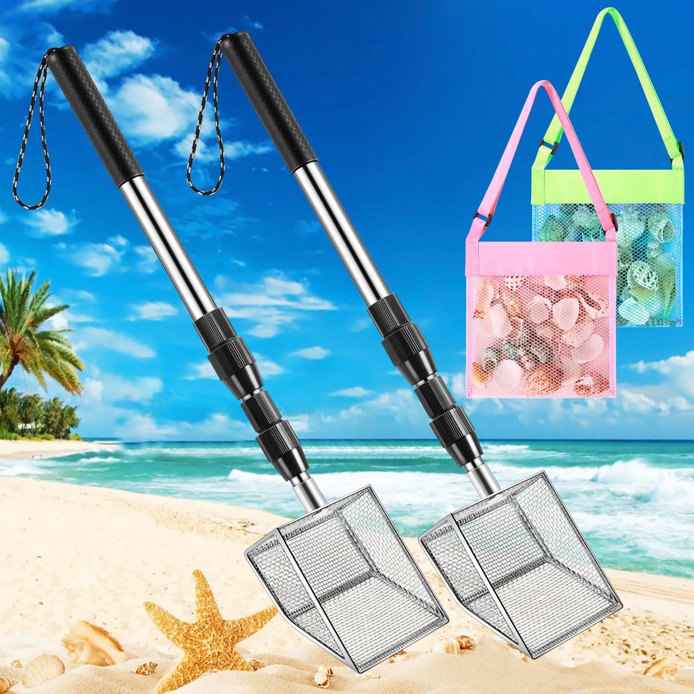 Niuyhe 4pack Shark Tooth Sifter, Shell Scooper for Beach with Seashell Bags, Retractable Long Handle Sand Dipper Shovel Tool for Adults and Kids, Shark Teeth Scoop for Picking Up Shells and Rocks