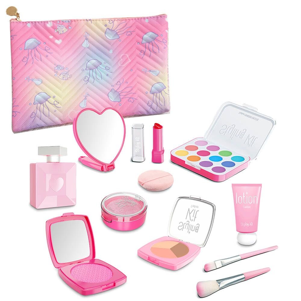 Pretend Makeup Kit for Girls, 12 Pcs Kids Cosmetic Pretend Play Beauty Make Up Set, Not Real Eye Shadow Blush Palette Lipstick with Hand Bag, Pink