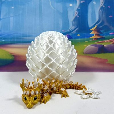 3D Printed Dragon with Dragon Egg, 6" Gold and White Articulated Cherry Blossom Baby Dragon, Fidget Toy for Autism ADHD, Executive DEST Toy, BD004-GOLD-WE