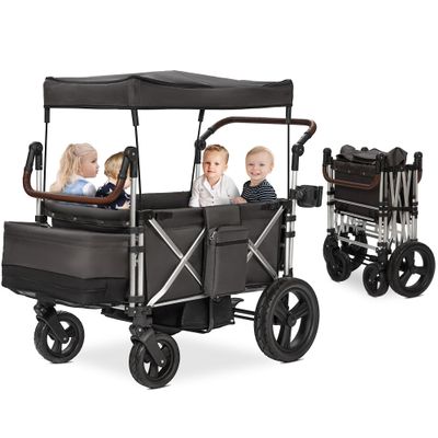 Real Relax 4 Seater Wagon Stroller for Kids, Foldable Kids Wagon with 5-Point Safety Harness, All-Terrain Stroller Wagons with Removable UV-Protection Canopy, Adjustable Handlebar